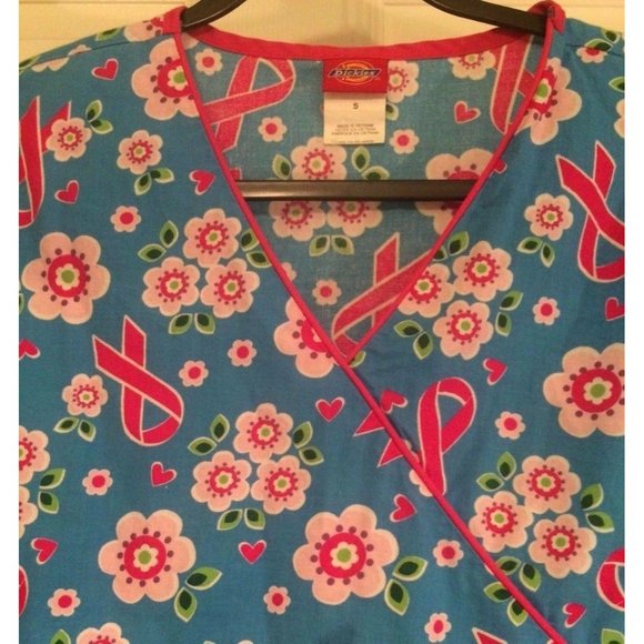 Dickies Scrub Top Breast Cancer Ribbon Cross Body V neck Tie Blue Pink - Picture 6 of 7